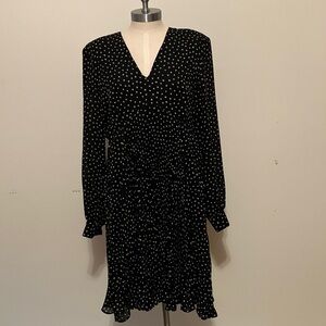VTG Women’s 90s Black Babydoll Pleated Peplum Dress Sheer Sleeve Polka Dot Sz 14